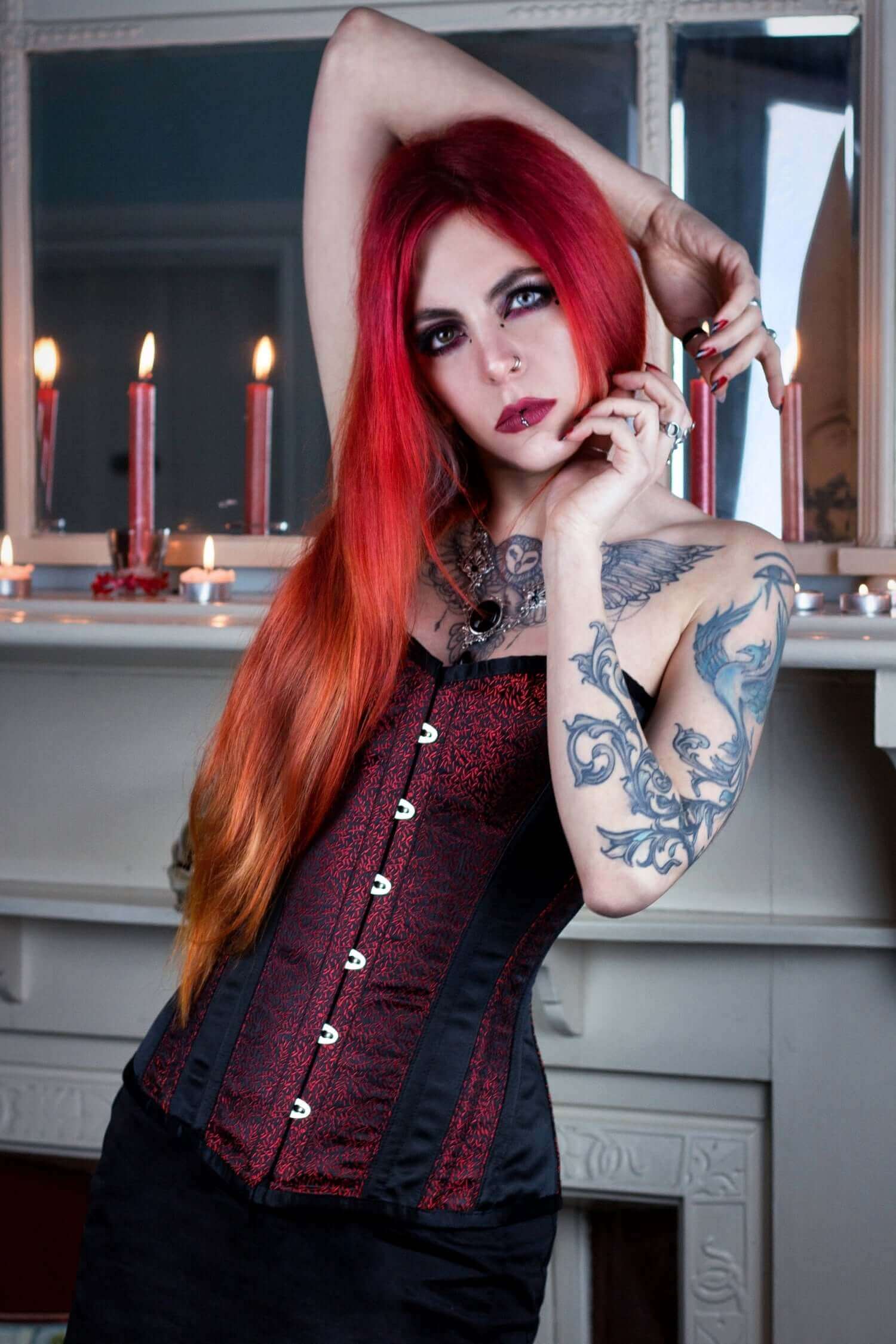 Black Long Steel Boned Corset With Red Leaf Brocade Detail By Playgirl black-long-steel-boned-corset-with-red-leaf-brocade-detail-by-playgirl