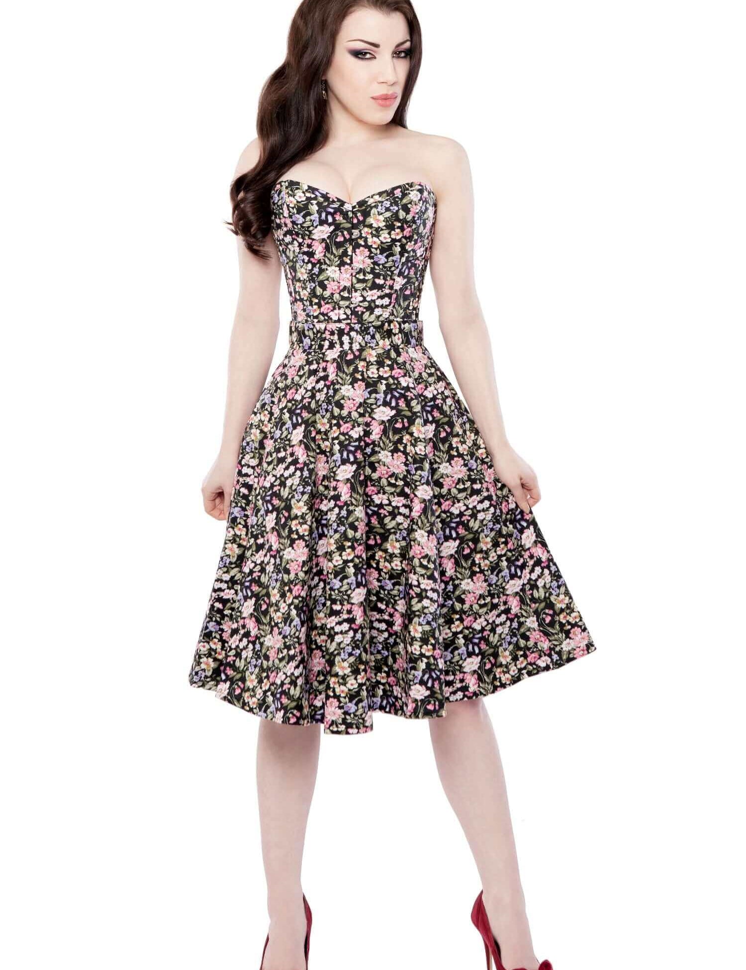 Black Floral Corset Dress With Long Corset