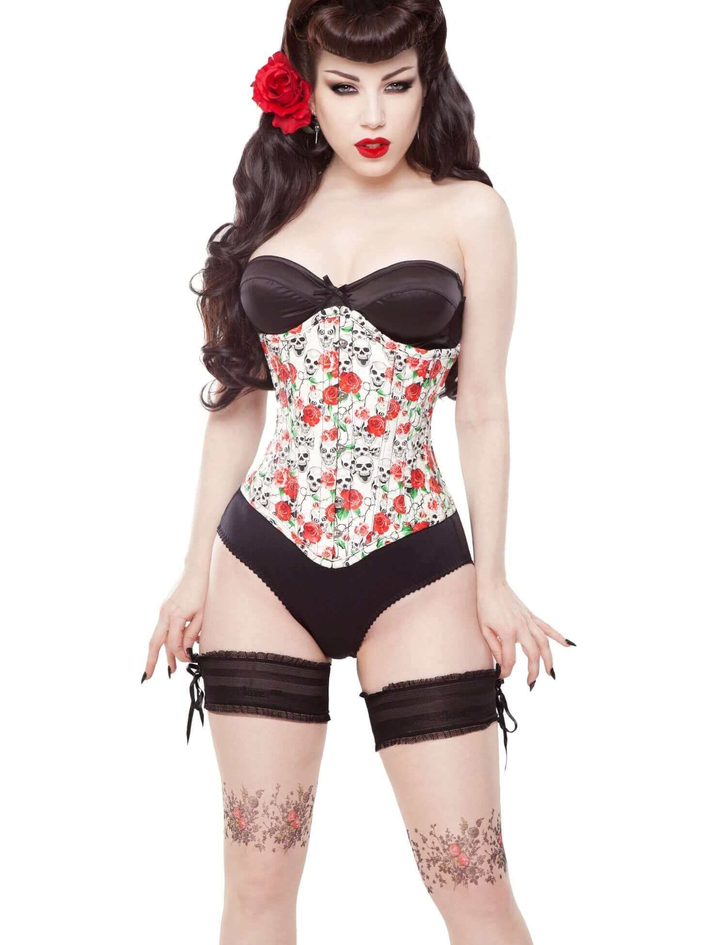 Playgirl Long Skulls & Roses Steel Boned Corset Cincher