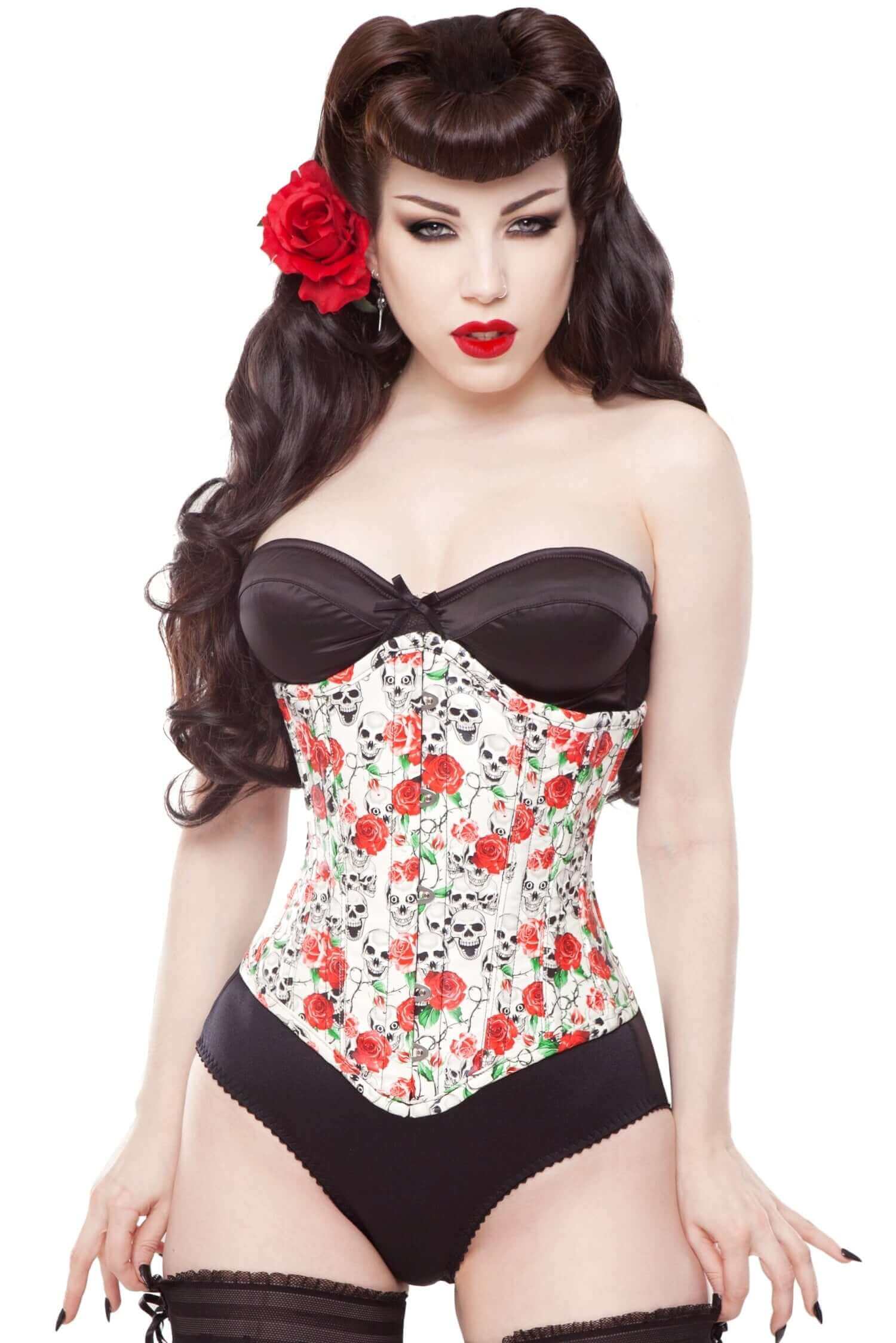 Playgirl Long Skulls & Roses Steel Boned Corset Cincher